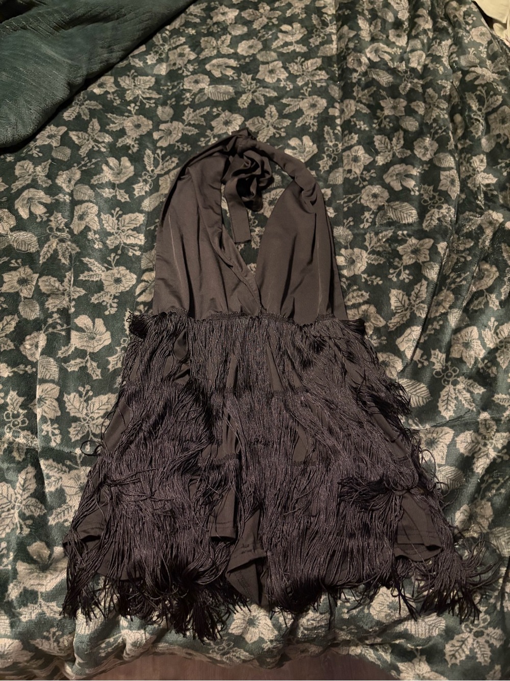 Black Fringe Halter Kids Dress